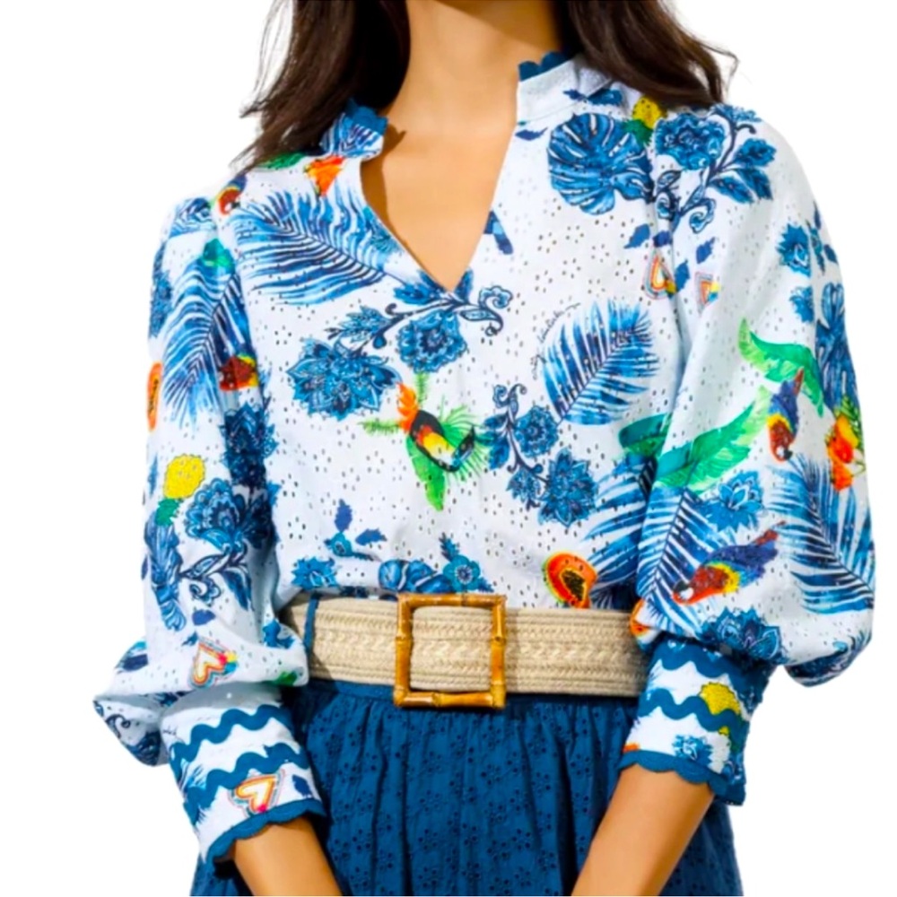 EMILY LOVELOCK Hailey Blouse Blue Tropical Toucan Top w RicRac Puffy Sleeves